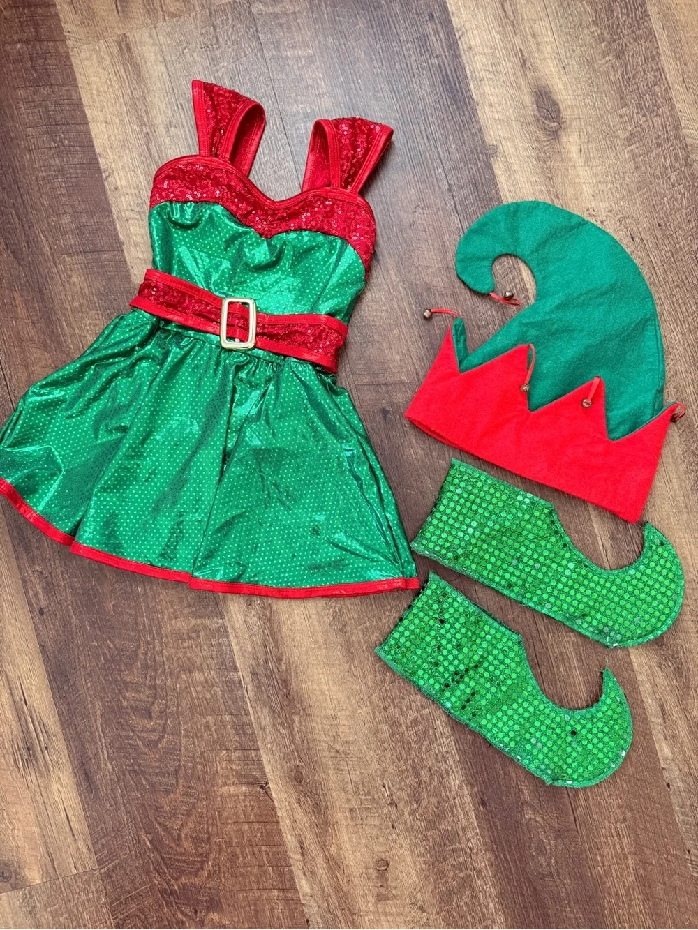 Girls Green & Red Elf Dance Costume Dress with Hat and Shoe Covers